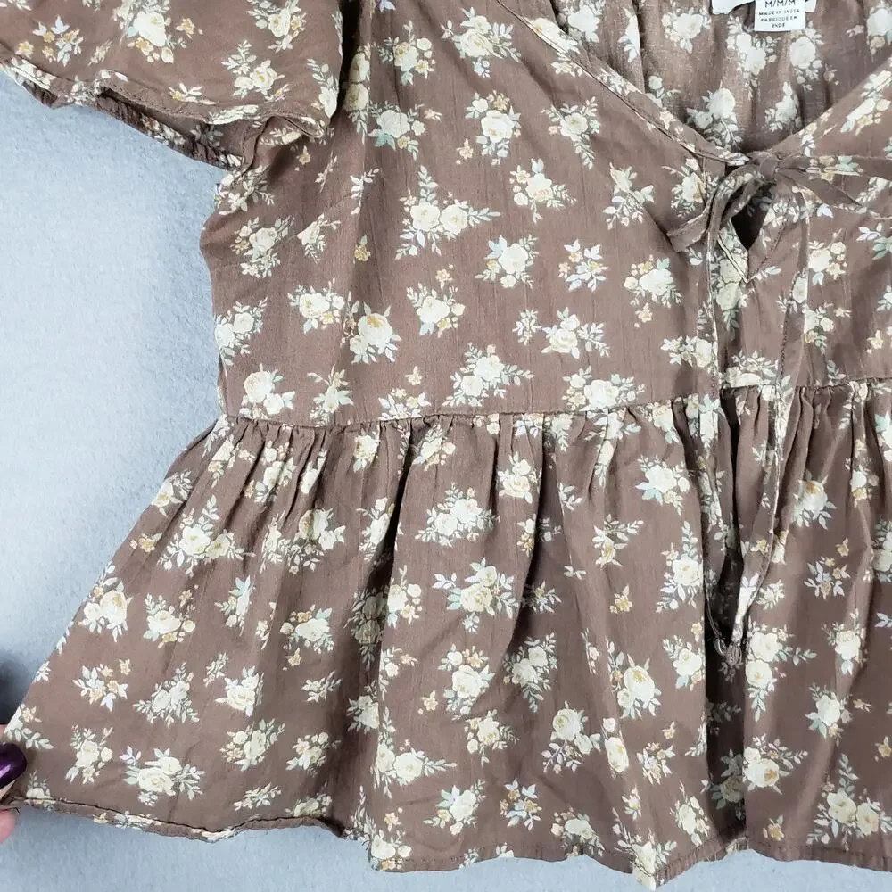 American Eagle Women's M Tiered Babydoll Crop Blouse‎ Brown Floral Cottagecore